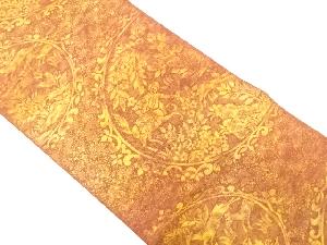 丸紋に狩猟・草花模様織り出し　名古屋帯